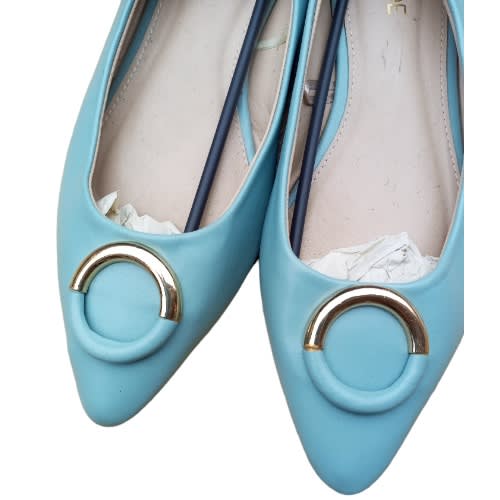 Ladies Pointed Toe Flat Shoe With Golden Circular Design - Blue