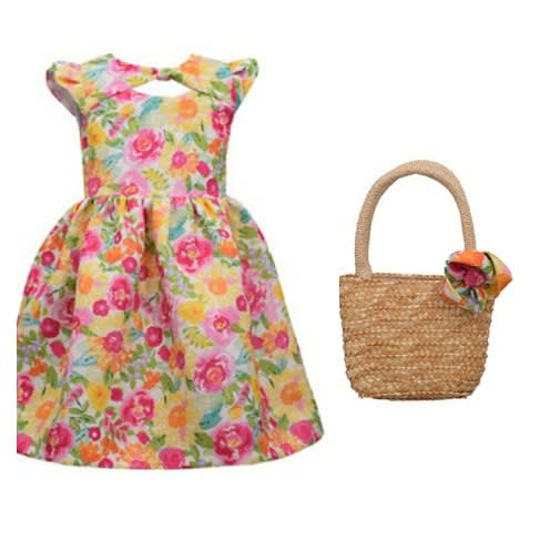 Girl Bow Neck Floral Pattern Dress With A Purse Basket