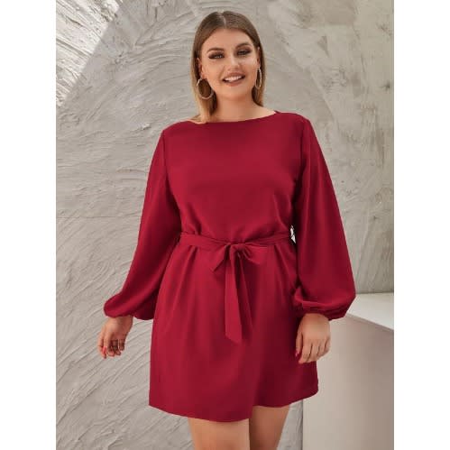 Boat Neck Bishop Sleeve Belted Dress- Red