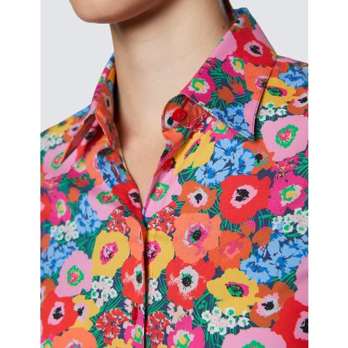 Women's Red & Pink Floral Print Fitted Cotton Stretch Shirt