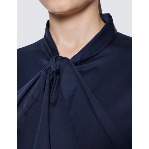 Women's Navy Relaxed Fit Luxury Cotton Nylon Shirt With Tie Detail