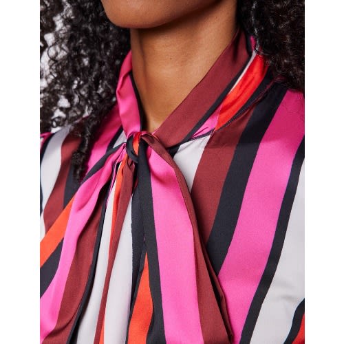 Women's Pink & Black Multi Stripe Print Pussy Bow Blouse
