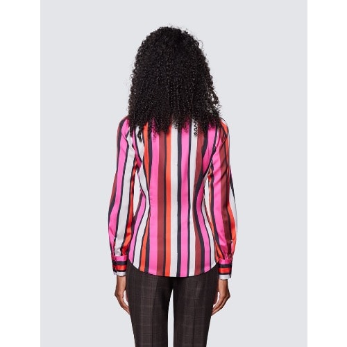 Women's Pink & Black Multi Stripe Print Pussy Bow Blouse