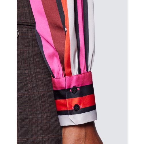 Women's Pink & Black Multi Stripe Print Pussy Bow Blouse