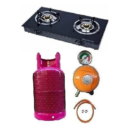 Gas Cylinder + Glass Double Burner Cooker + 3 Yards Hose +Standard Regulator & Clips. -12.5kg