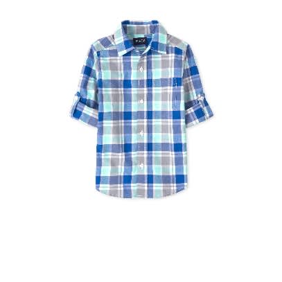 Long Sleeve Checkered Plaid Turn Up Shirt For Boys-Aqua