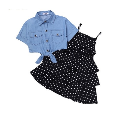 2 Piece Polka Dot Dress And Denim Top - Black