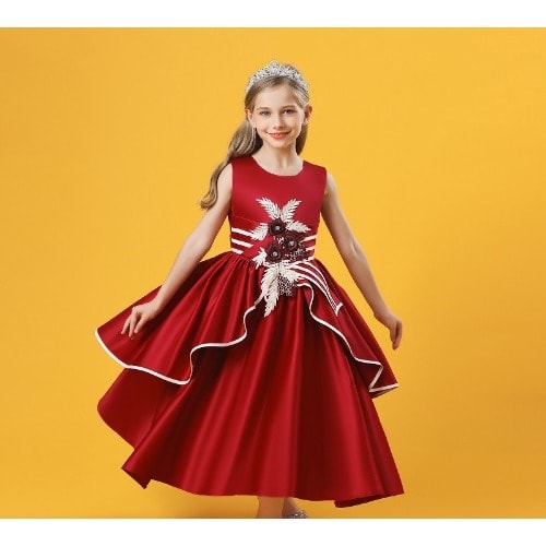 Girl's Wedding Design Long Gown -Red