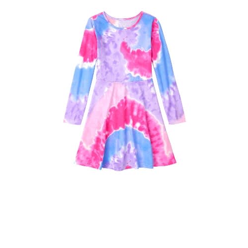 Girls Colour Splash Tie And Dye Rainbow Knit Skaters Dress- Pink
