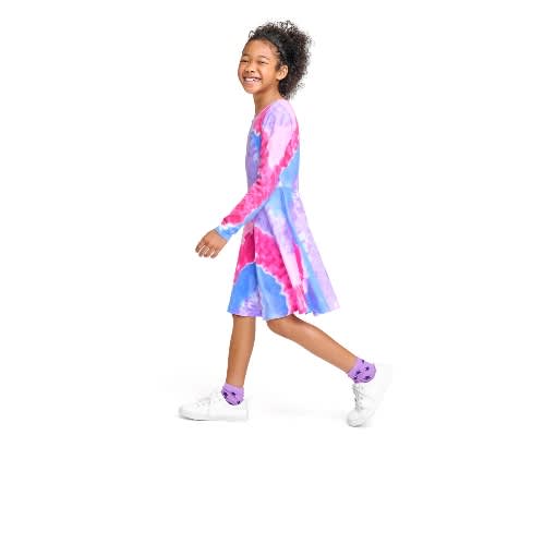 Girls Colour Splash Tie And Dye Rainbow Knit Skaters Dress- Pink