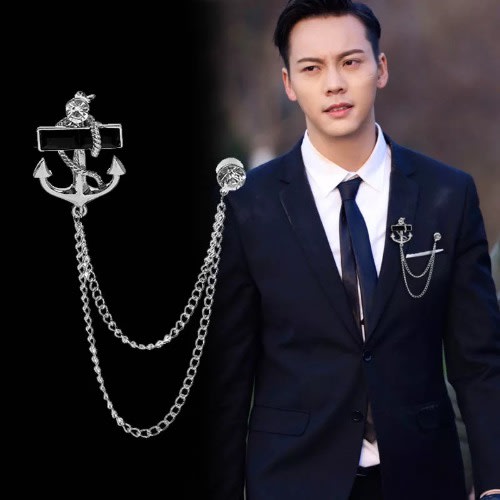 Crystal Anchor Men's Brooch - Silver