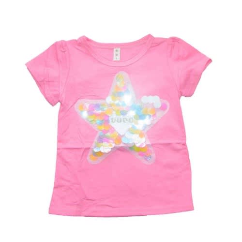 Girls Round Neck Top - Short Sleeve With Sequin- Pink