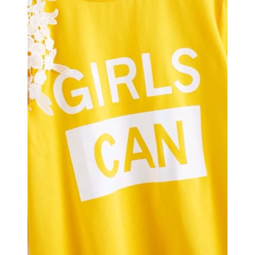 Girls Can Cold Shoulder Appliques Detail Graphic Top- Yellow