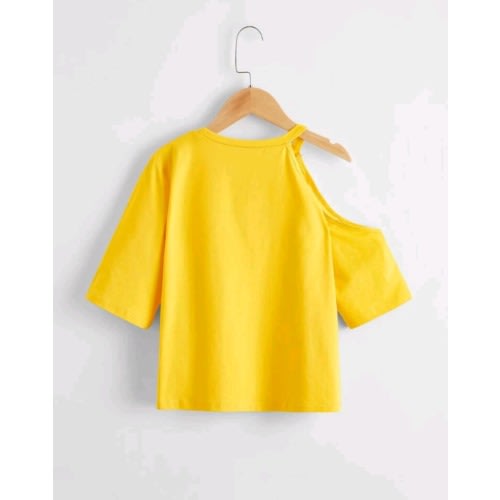 Girls Can Cold Shoulder Appliques Detail Graphic Top- Yellow