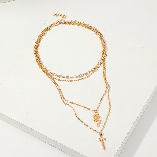 Rose And  Cross Pendant Layered Necklace- Gold