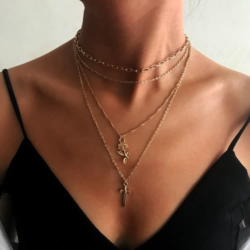Rose And  Cross Pendant Layered Necklace- Gold