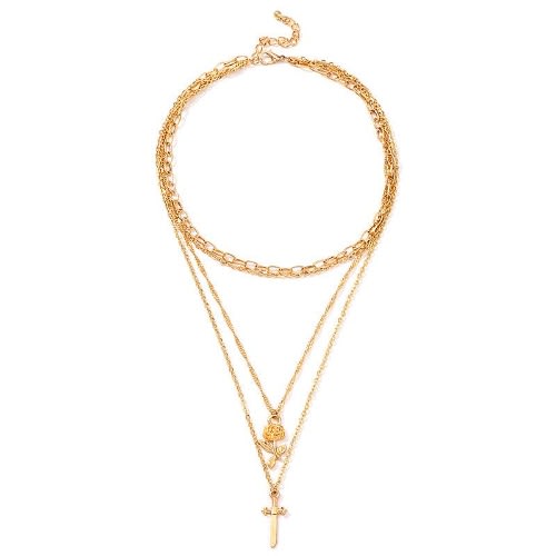 Rose And  Cross Pendant Layered Necklace- Gold
