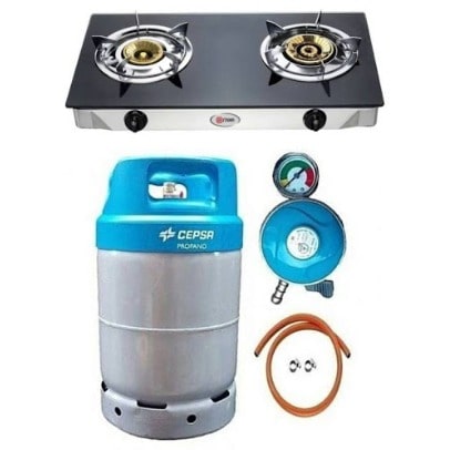 12.5kg Gas Cylinder With Glass Top Double Burner - Metered Regulator - Hose & Clip - Blue
