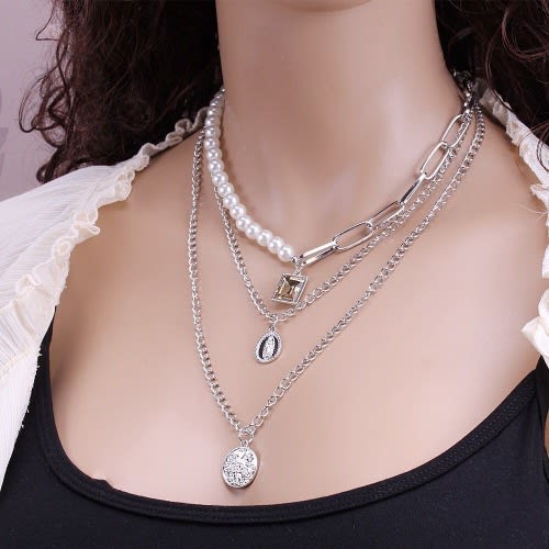 Pearl And Chain Three Layered Necklace- Silver