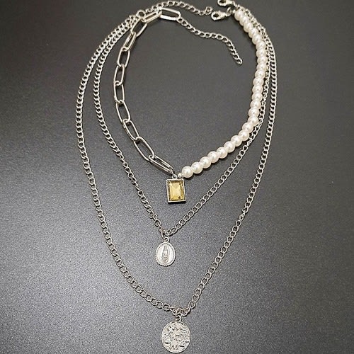 Pearl And Chain Three Layered Necklace- Silver