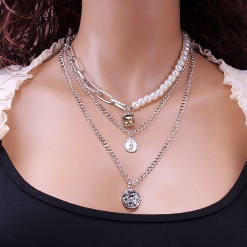 Pearl And Chain Three Layered Necklace- Silver