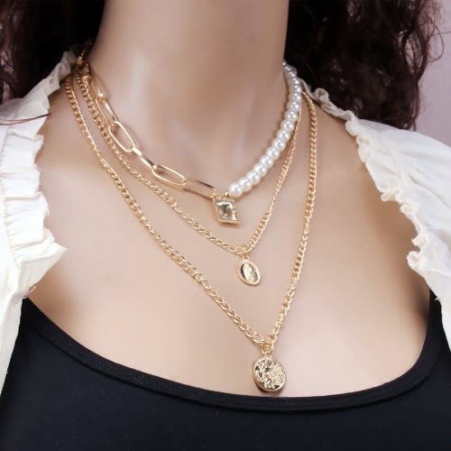 Pearl And Chain Three Layered Necklace- Gold