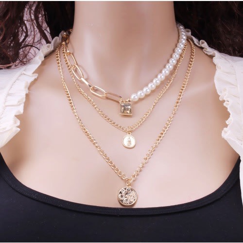 Pearl And Chain Three Layered Necklace- Gold