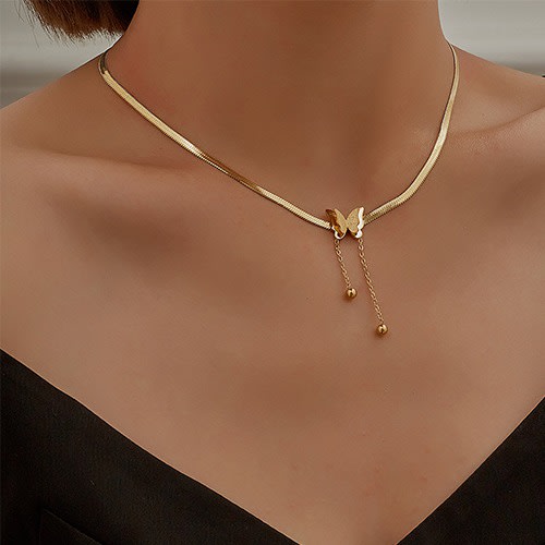Stainless Steel Snake Bone Butterfly Ball Drop Pendant Chain Necklace