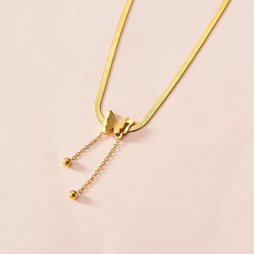 Stainless Steel Snake Bone Butterfly Ball Drop Pendant Chain Necklace