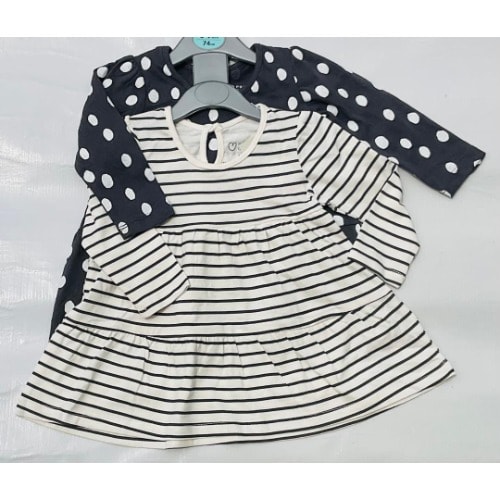 Stripped &  Polka Dot Long-sleeved Dresses - 2Pieces