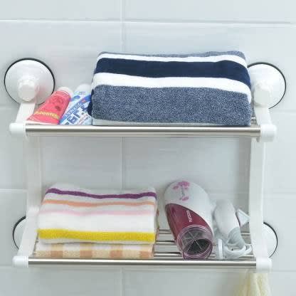 Suction Wall Mounted Double Layer Stainless Steel Rail Holder - White