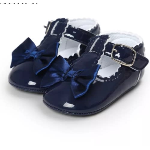 Newborn Baby Girls T-bar Party Bowknot Shoes. - Navy