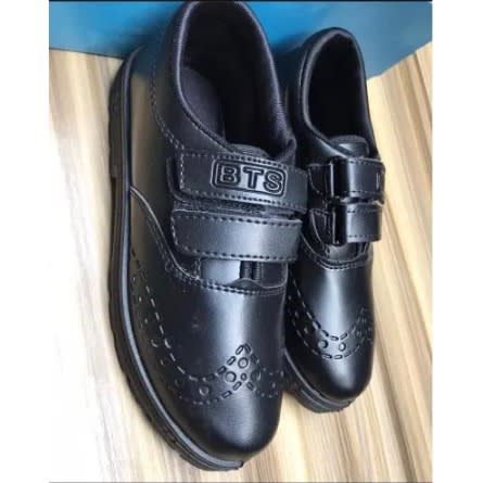 Boys Strap Leather Back to School Shoe with Free Pair of Socks - Black