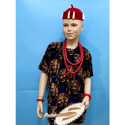 Children Boys Igbo Ibo Cultural Wear Set- Beads, Red Cap, Fan And Velvet Isiagwu- Royal Blue