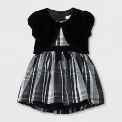 Girls' A Line Dress Black & White Plaid W/ Velour Shrug
