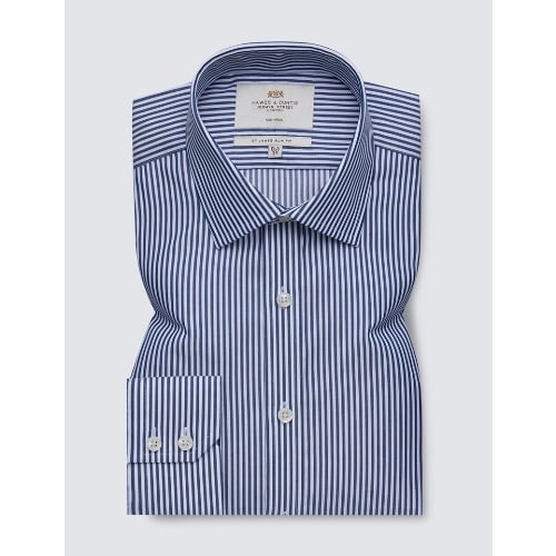 Men's Formal Navy & White Bengal Stripe Slim Fit Shirt - Single Cuff - Non Iron