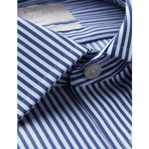 Men's Formal Navy & White Bengal Stripe Slim Fit Shirt - Single Cuff - Non Iron