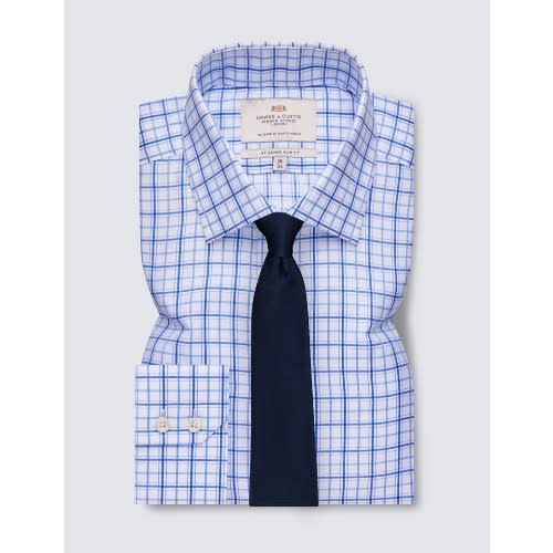 Easy Iron Blue & White Check Slim Fit Shirt - Single Cuff