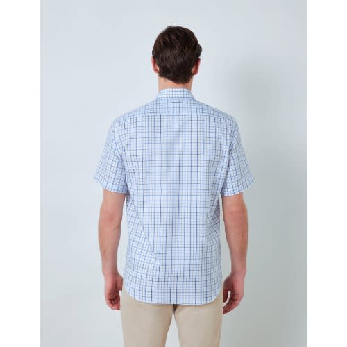 Easy Iron Blue & White Multi Check Slim Fit Short Sleeve Shirt