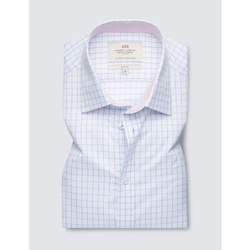 Blue & White Textured Check Slim Fit Short Sleeve Shirt