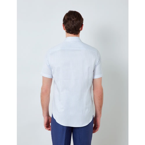 Blue & White Textured Check Slim Fit Short Sleeve Shirt