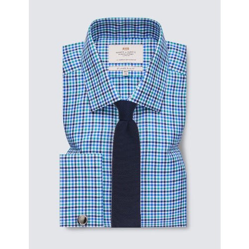 Easy Iron Blue & Green Check Slim Fit Shirt - Double Cuff