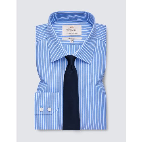 Easy Iron Blue & White Stripe Slim Fit Shirt - Single Cuffs