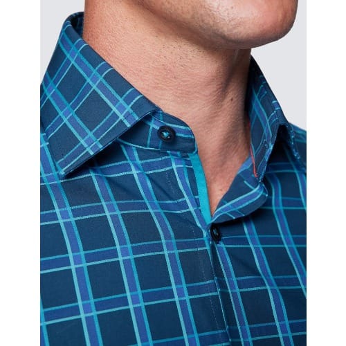 Men's Curtis Navy & Turquoise Check Piccadilly Slim Fit Shirt - Low Collar