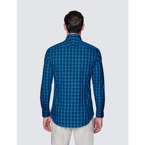 Men's Curtis Navy & Turquoise Check Piccadilly Slim Fit Shirt - Low Collar