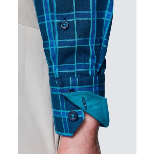 Men's Curtis Navy & Turquoise Check Piccadilly Slim Fit Shirt - Low Collar