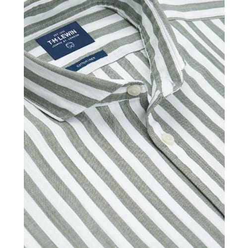Cotton Linen Slim Fit Bold Stripe Olive Shirt