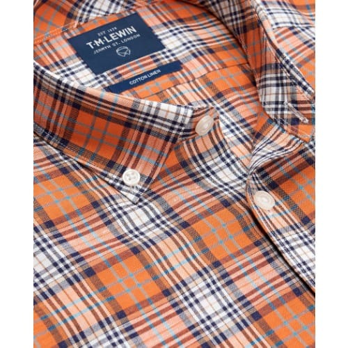 Cotton Linen Slim Fit Orange Check Shirt