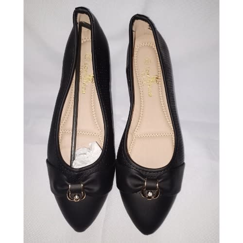 Ringed Stock Leather Bowed Female Flat Office Shoe- Black
