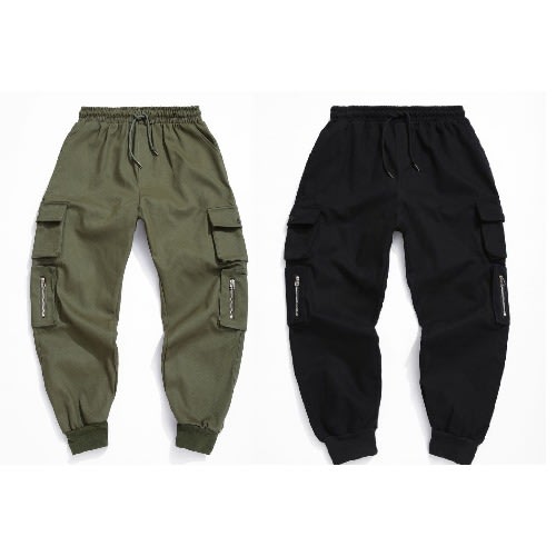 Set Of Basic Combat Cargo Trousers - Black And Green - 2pcs